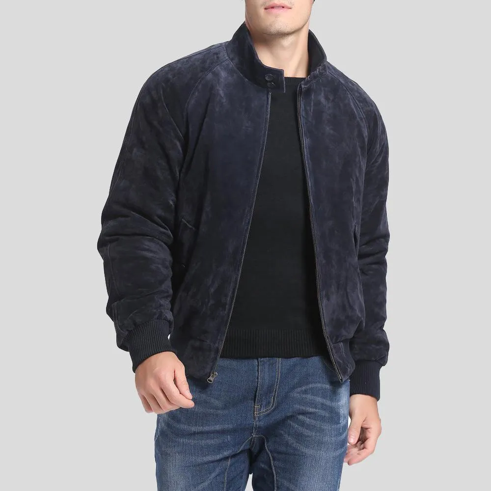 Navy Blue Suede Bomber Jacket