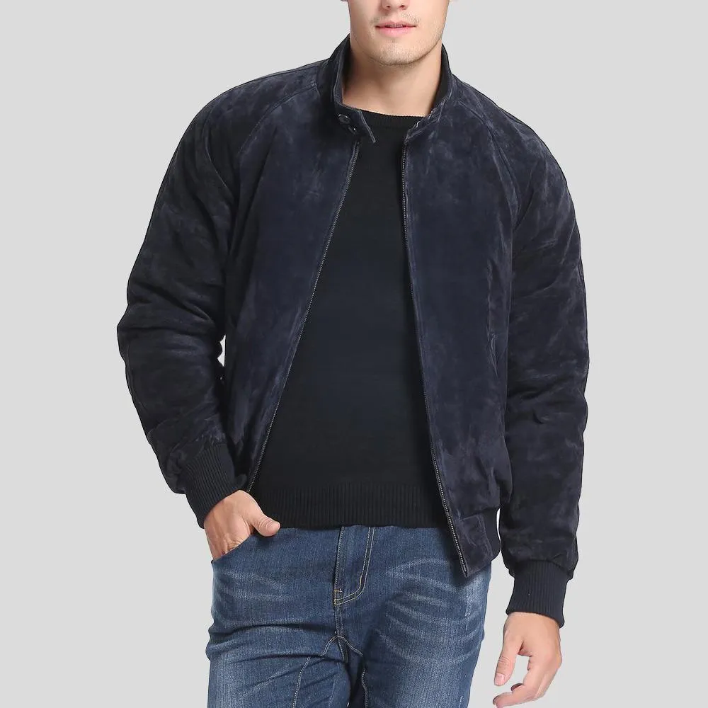 Navy Blue Suede Bomber Jacket