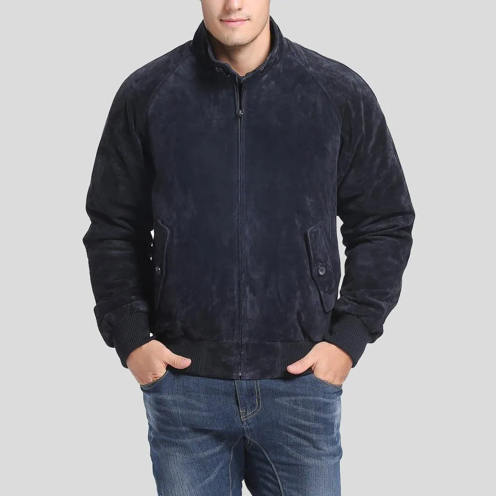 Navy Blue Suede Bomber Jacket