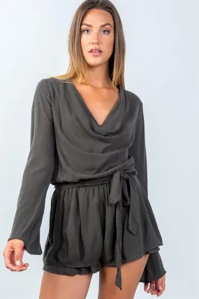 Olive Cowl-Neck Romper Bell Sleeves Romper