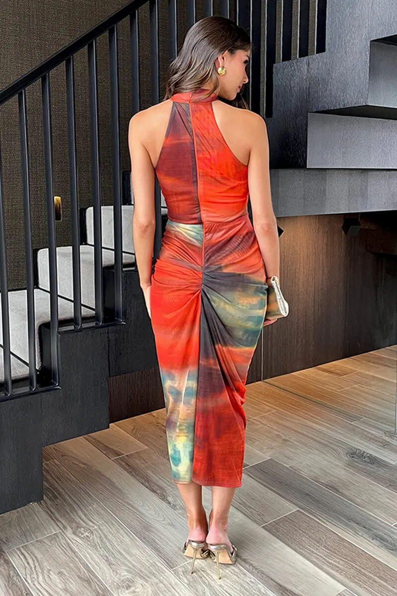 Orange Tie Dye Print Halter Neck Knot Skirt Mesh Midi Dress