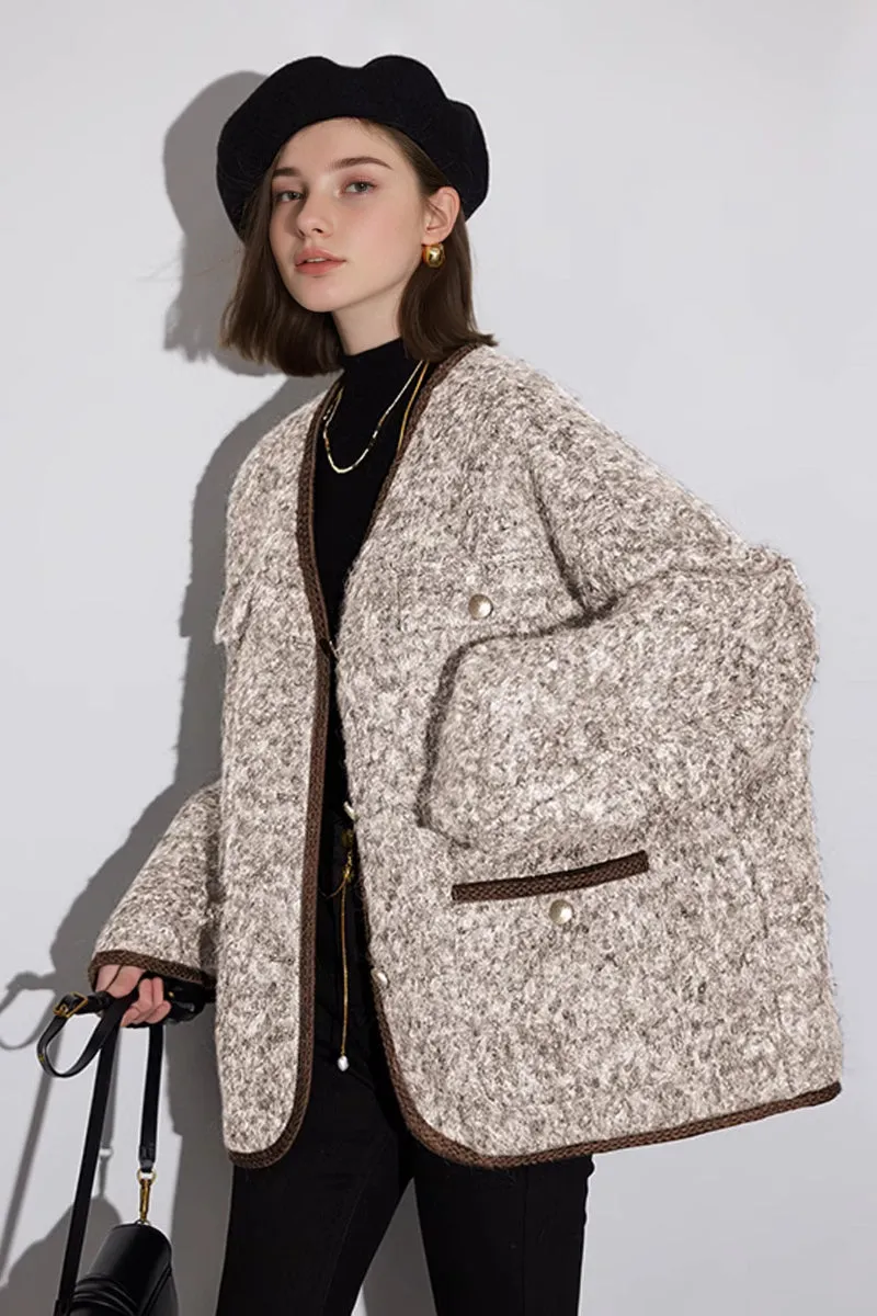 Oversized Wool Blend V-Neck Bouclé Jacket