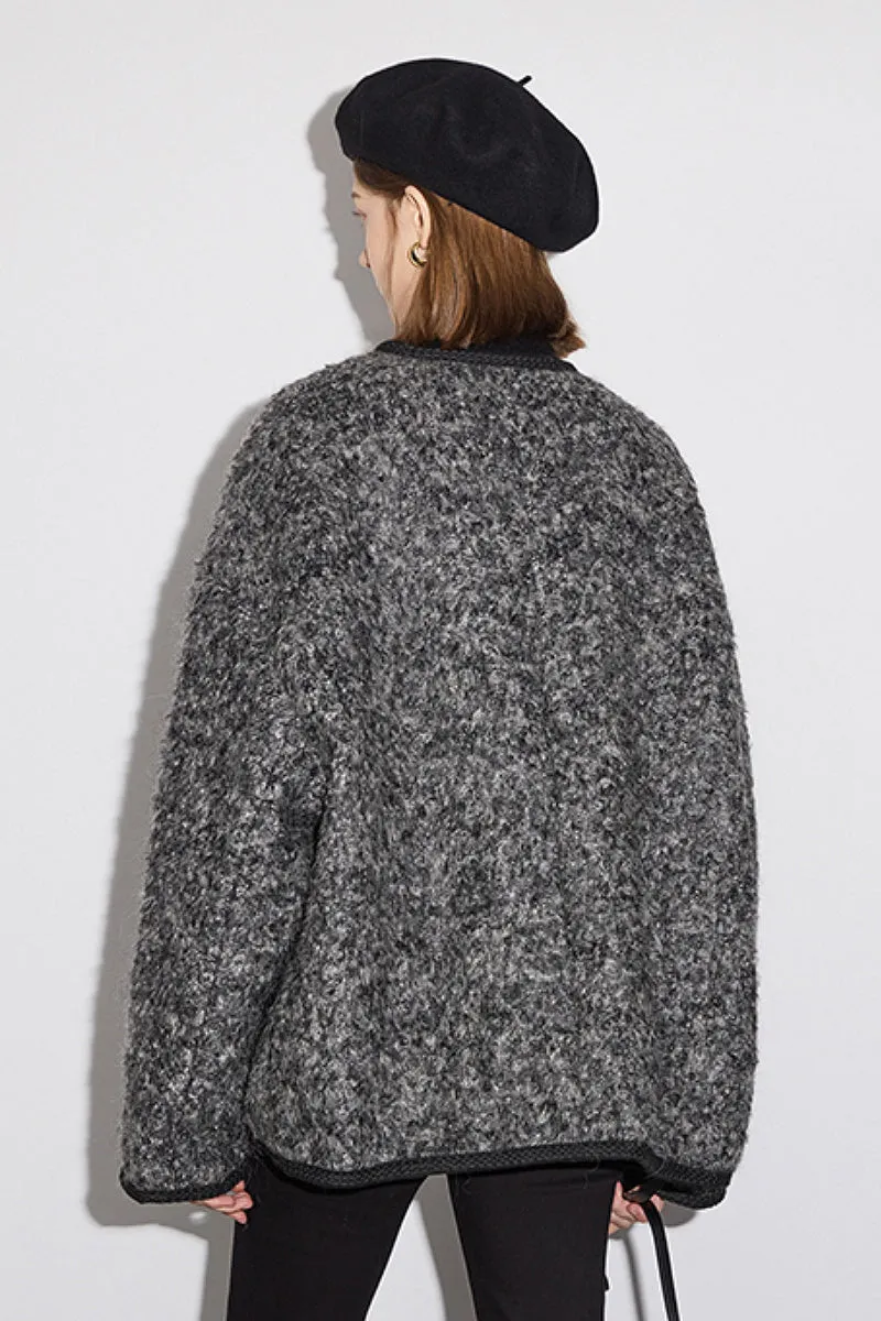 Oversized Wool Blend V-Neck Bouclé Jacket