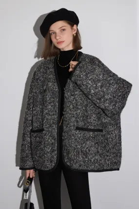 Oversized Wool Blend V-Neck Bouclé Jacket