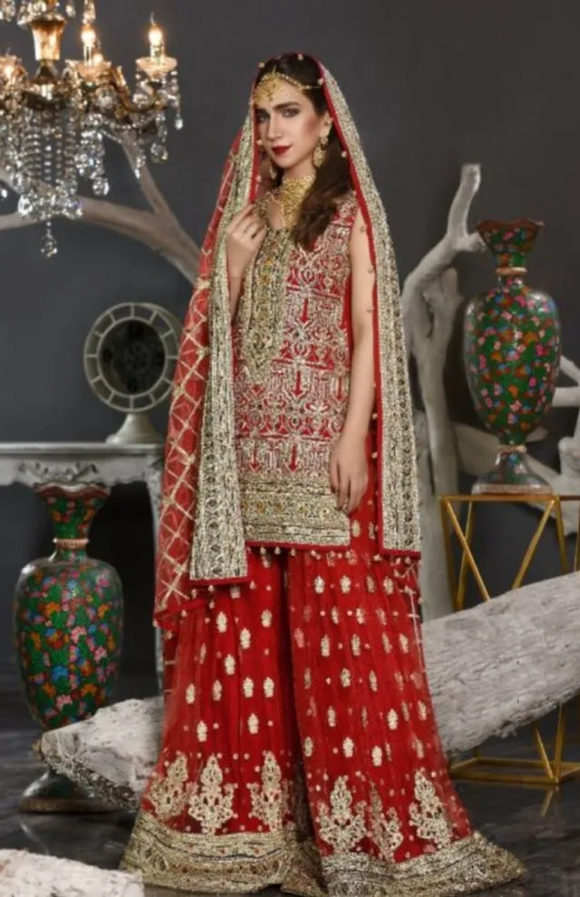 Pakistani Formal Dress of Deep Red Colour # P2606