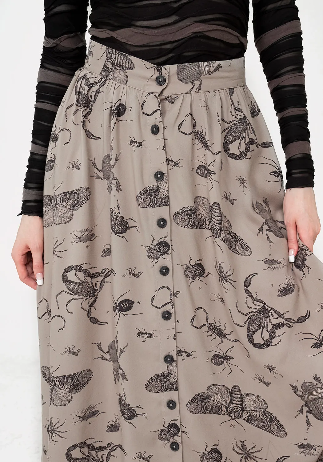 Parasite Bugs Print Button Down Midi Skirt - Taupe