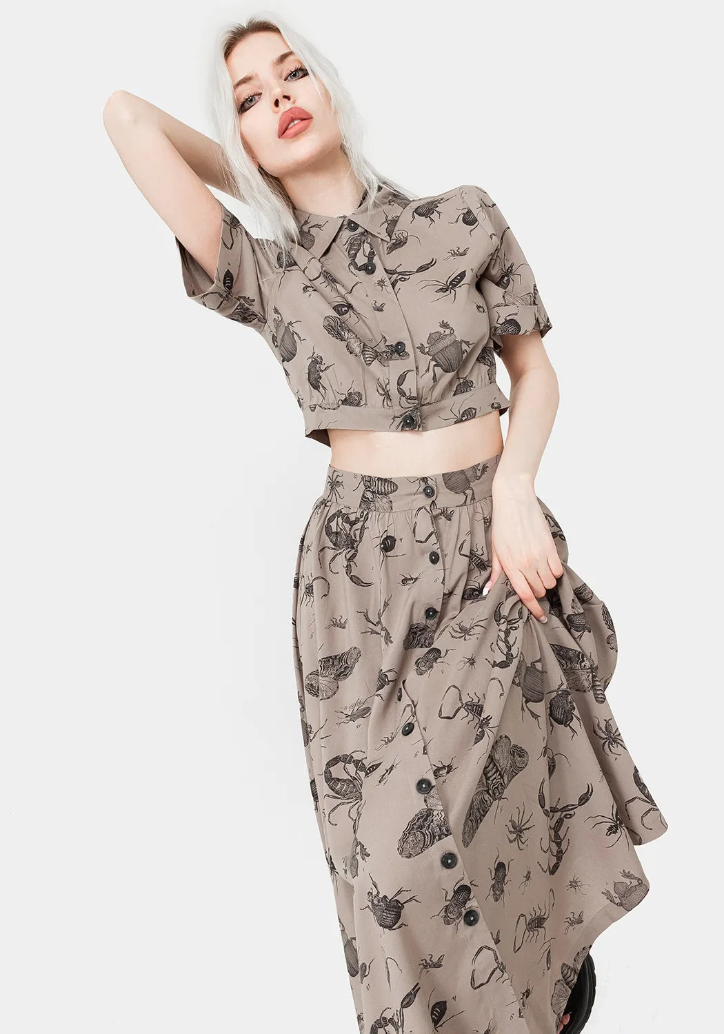 Parasite Bugs Print Button Down Midi Skirt - Taupe