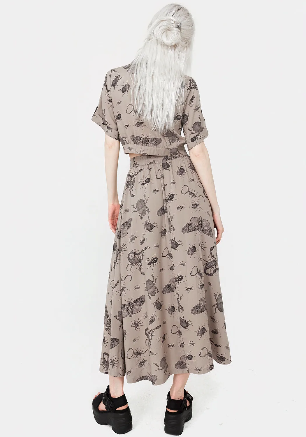 Parasite Bugs Print Button Down Midi Skirt - Taupe