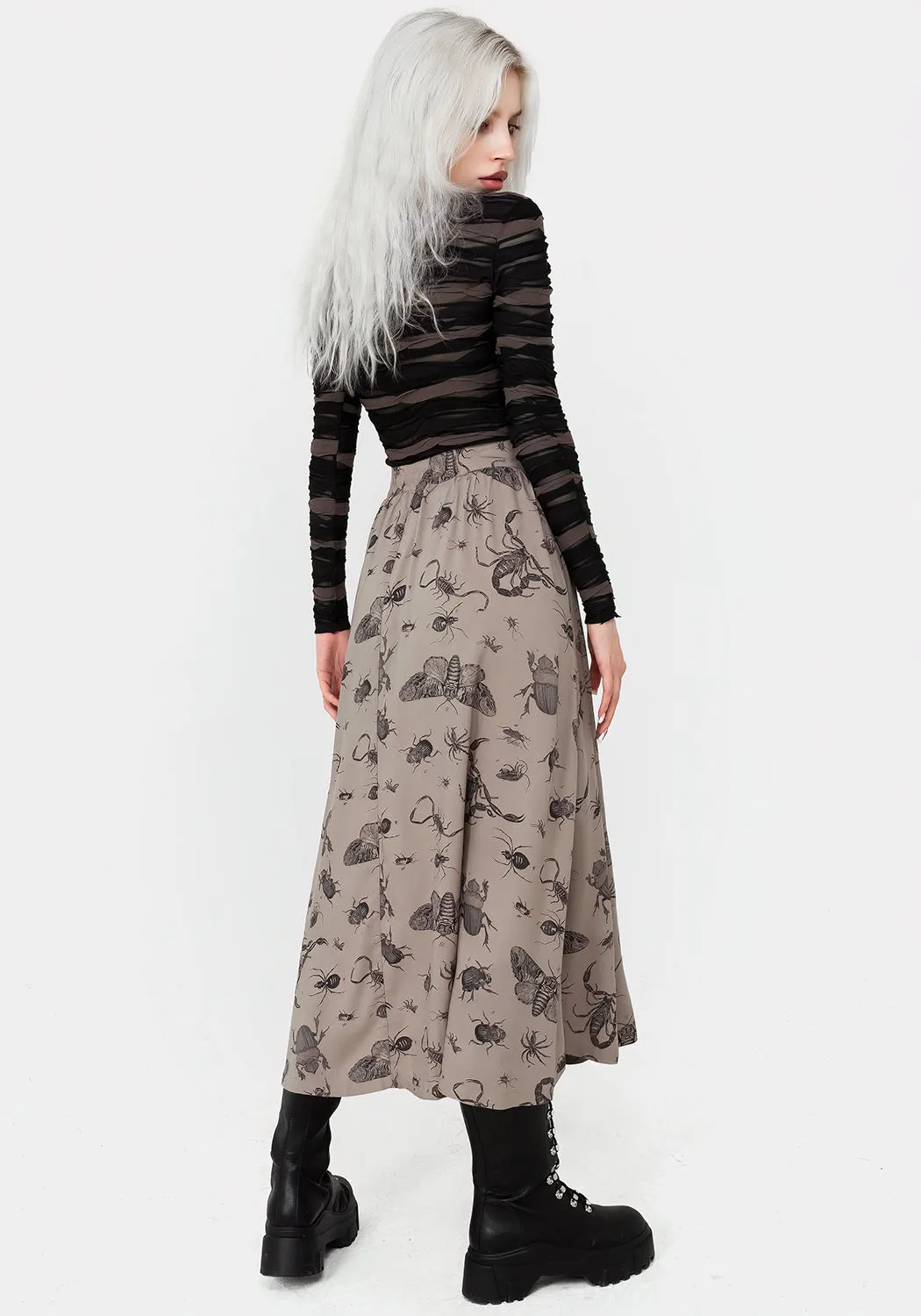 Parasite Bugs Print Button Down Midi Skirt - Taupe