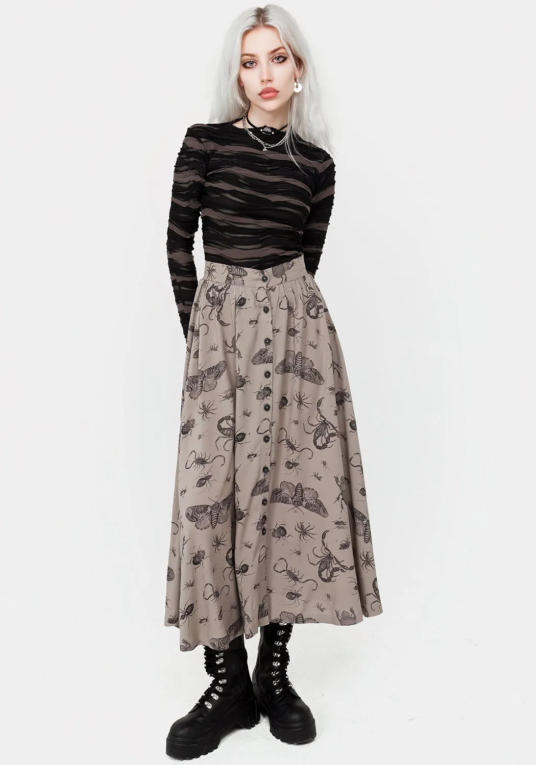 Parasite Bugs Print Button Down Midi Skirt - Taupe