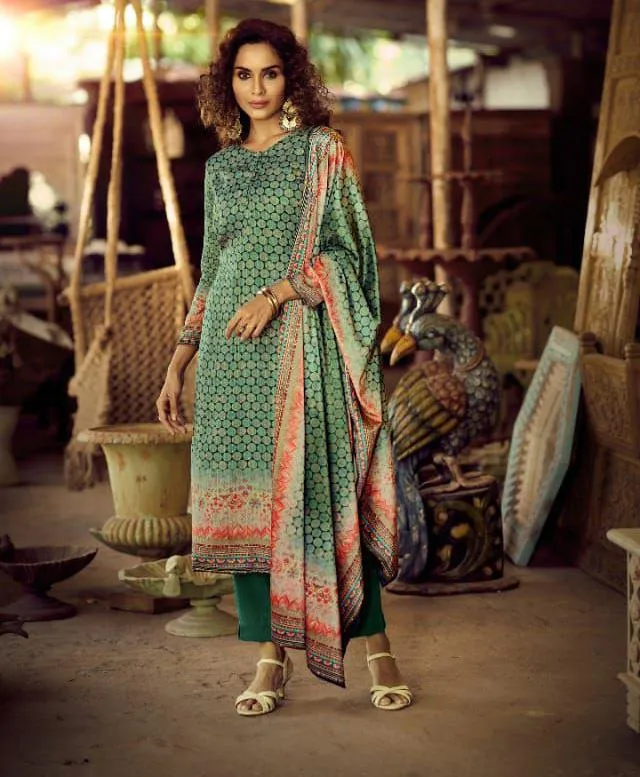 Pashmina Green Unstitched Dress Material Winter Wear Suits With Velvet Dupatta