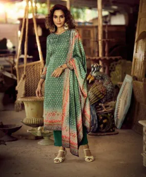 Pashmina Green Unstitched Dress Material Winter Wear Suits With Velvet Dupatta