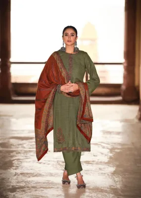 Pashmina Green Unstitched Winter Salwar Suit Set With Printed Shawl