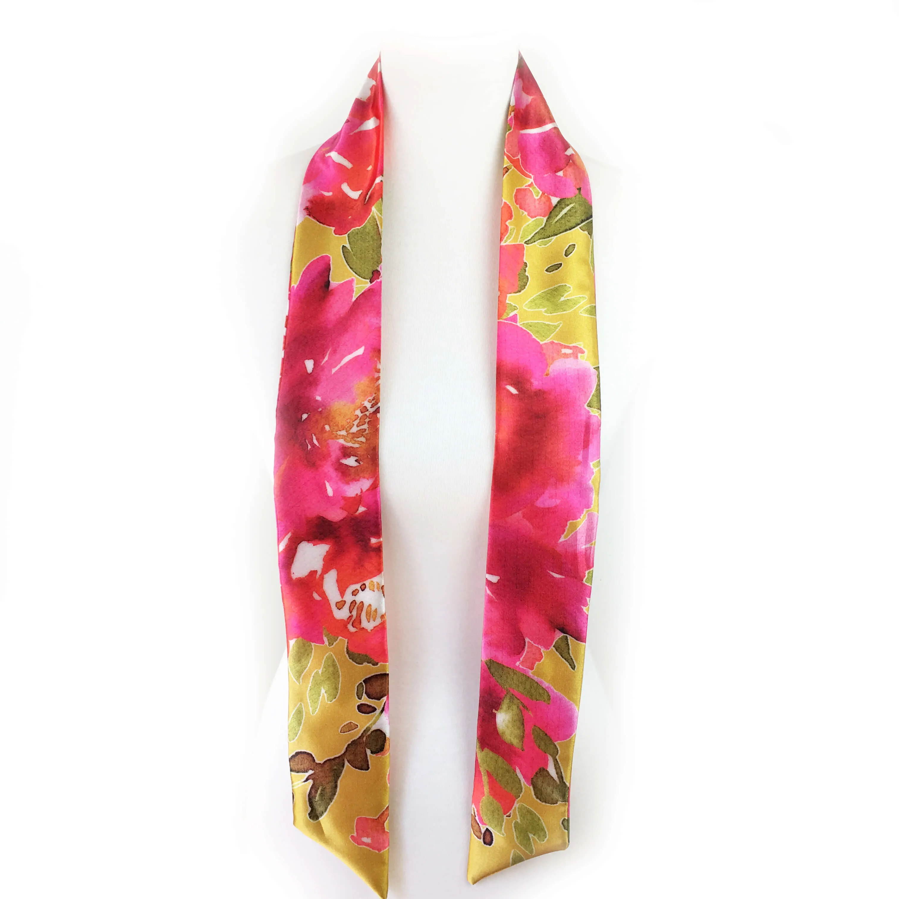 Petals Watercolor skinny scarf on mustard