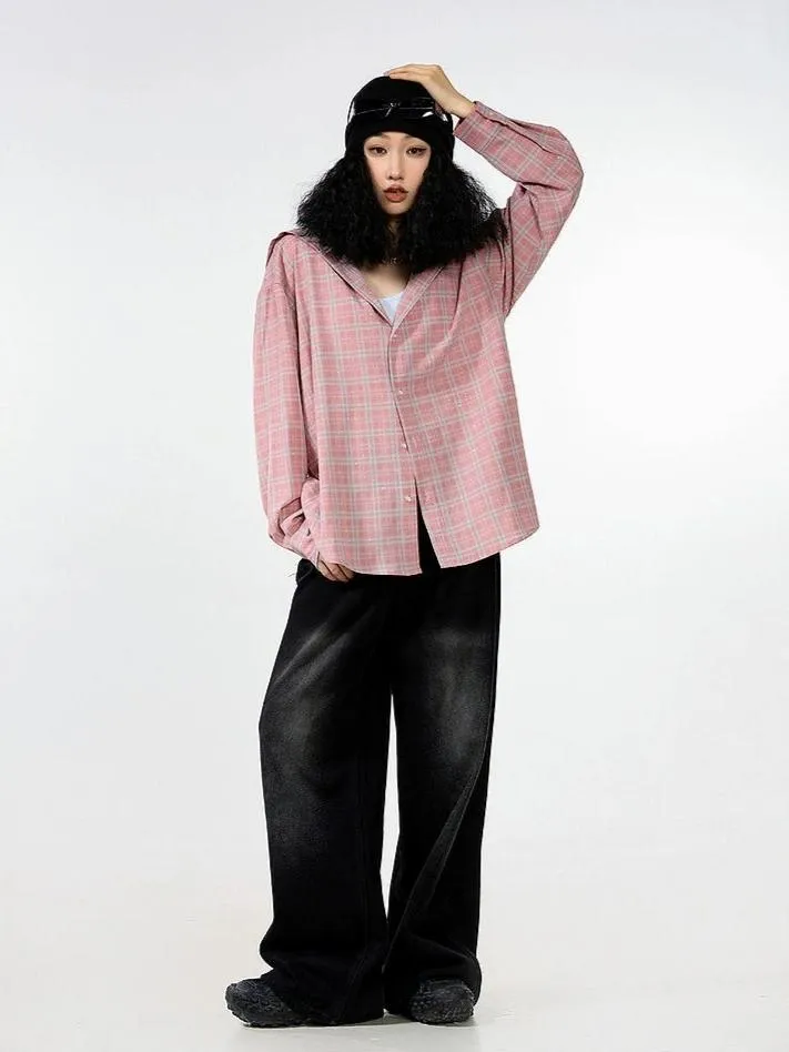 Plaid Hooded Button-Up Lightweight Shacket