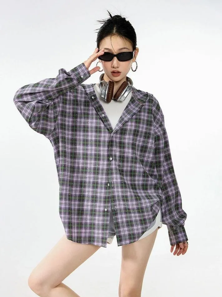 Plaid Hooded Button-Up Lightweight Shacket