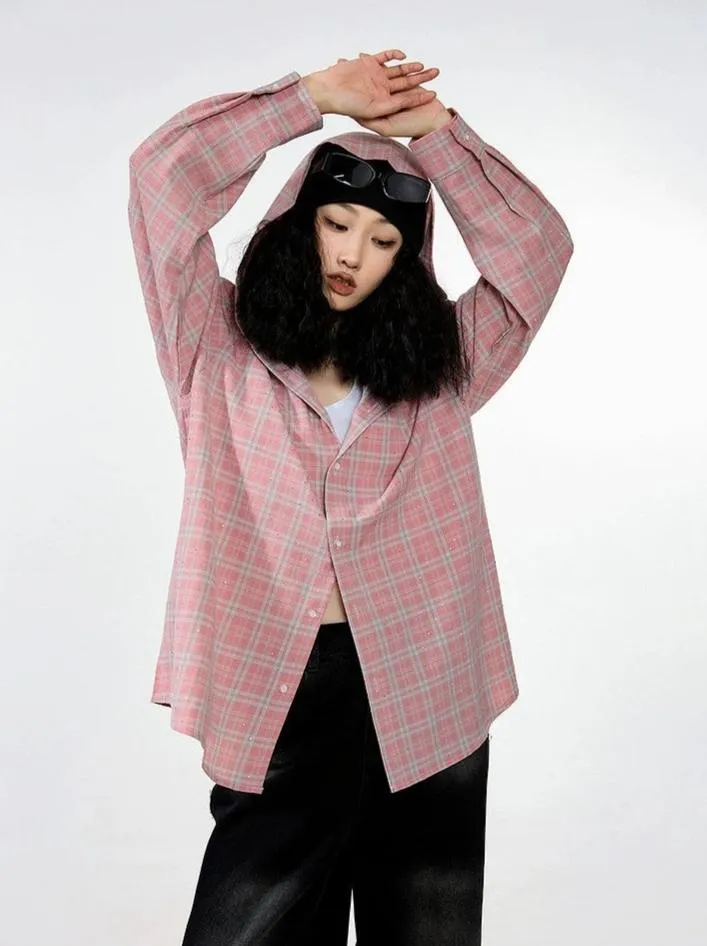 Plaid Hooded Button-Up Lightweight Shacket