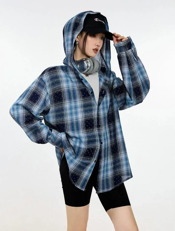 Plaid Hooded Button-Up Lightweight Shacket