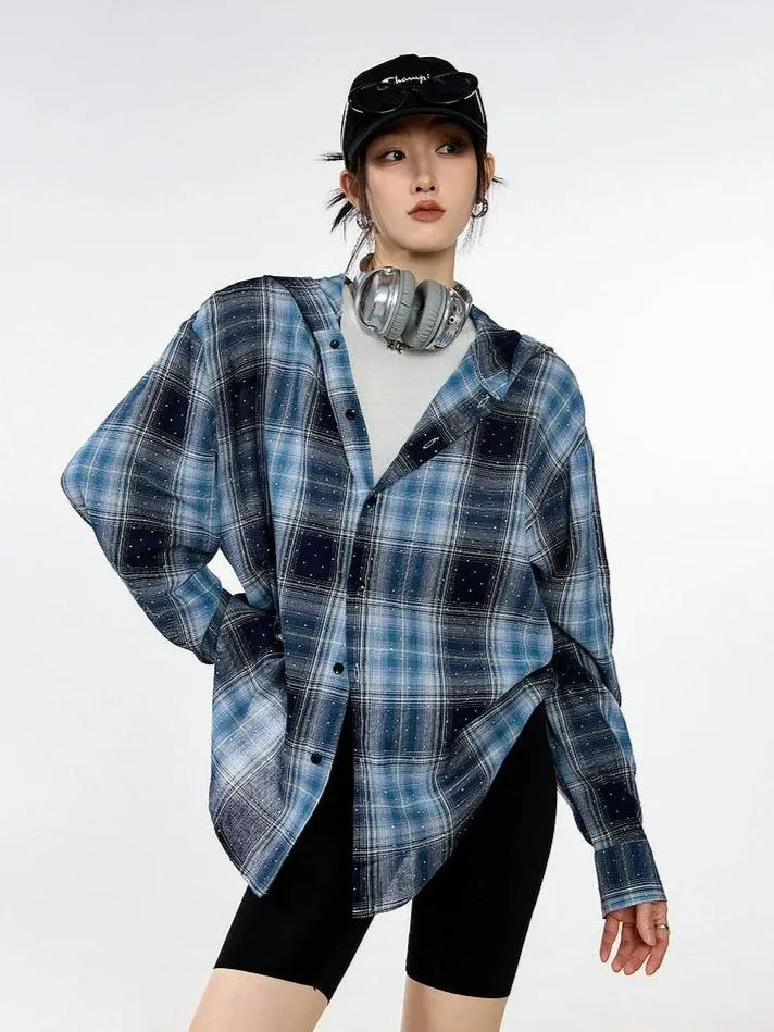 Plaid Hooded Button-Up Lightweight Shacket