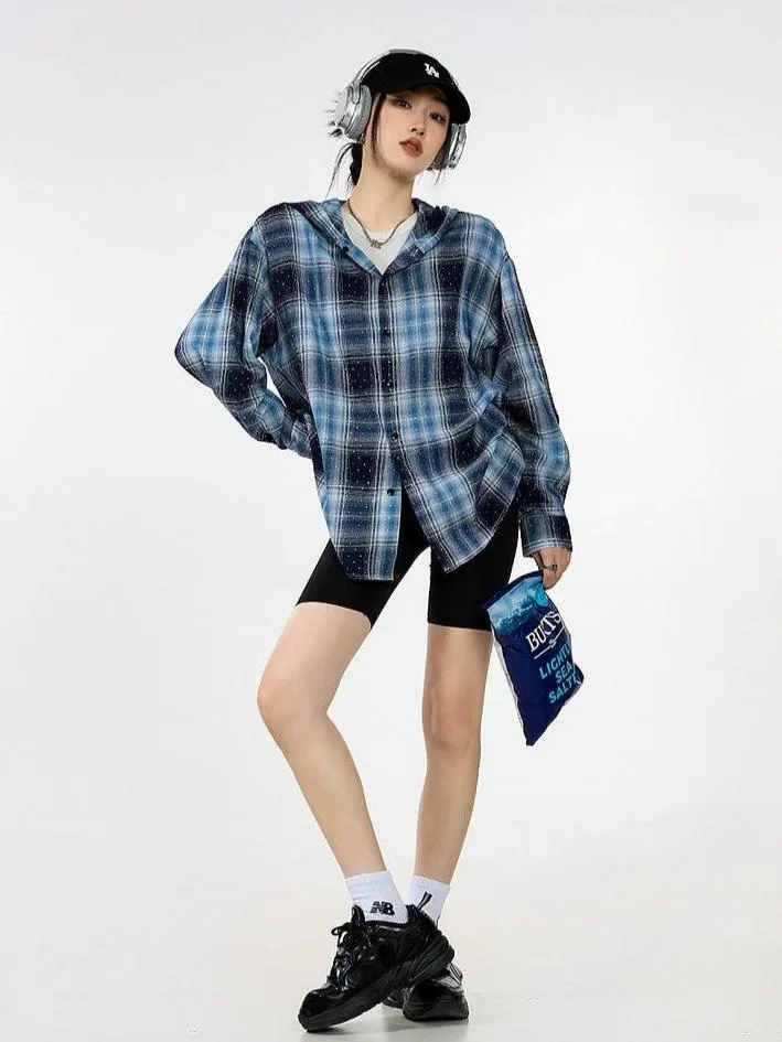 Plaid Hooded Button-Up Lightweight Shacket