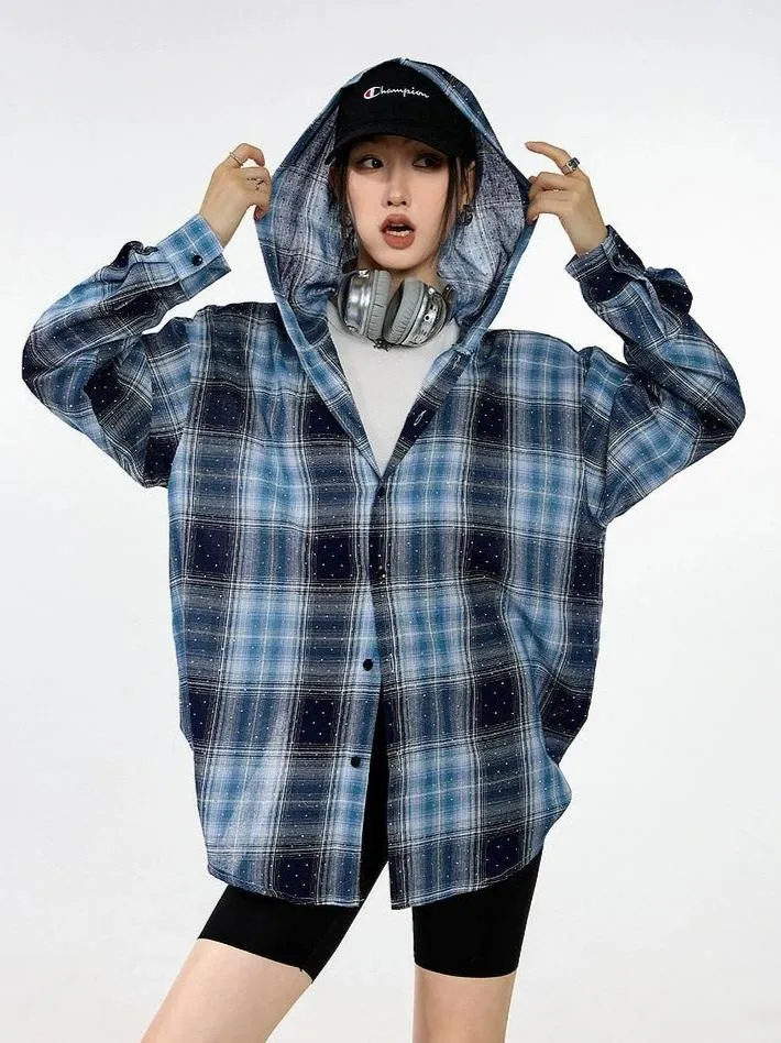 Plaid Hooded Button-Up Lightweight Shacket