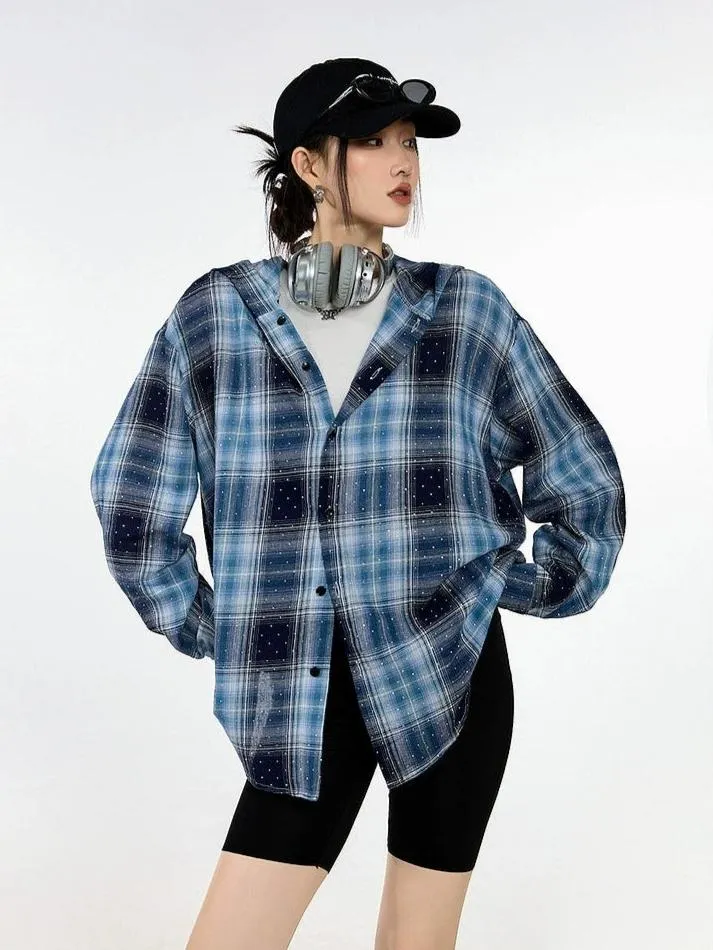 Plaid Hooded Button-Up Lightweight Shacket