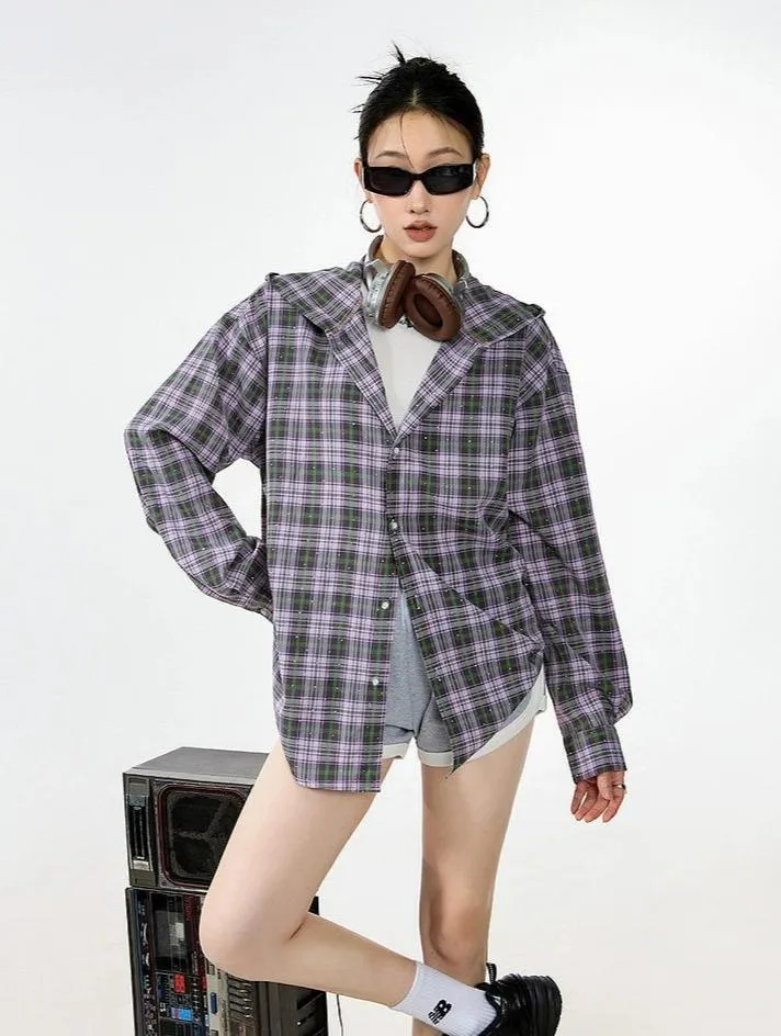 Plaid Hooded Button-Up Lightweight Shacket