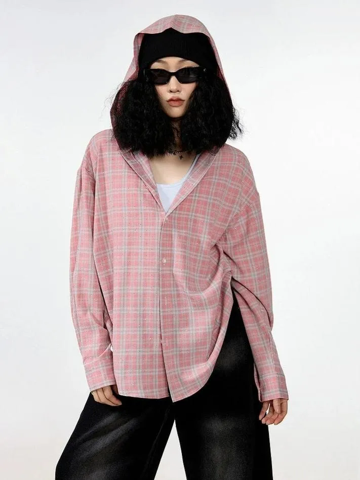 Plaid Hooded Button-Up Lightweight Shacket