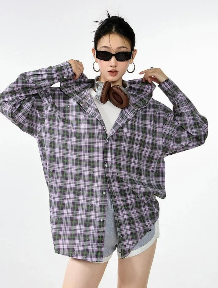 Plaid Hooded Button-Up Lightweight Shacket