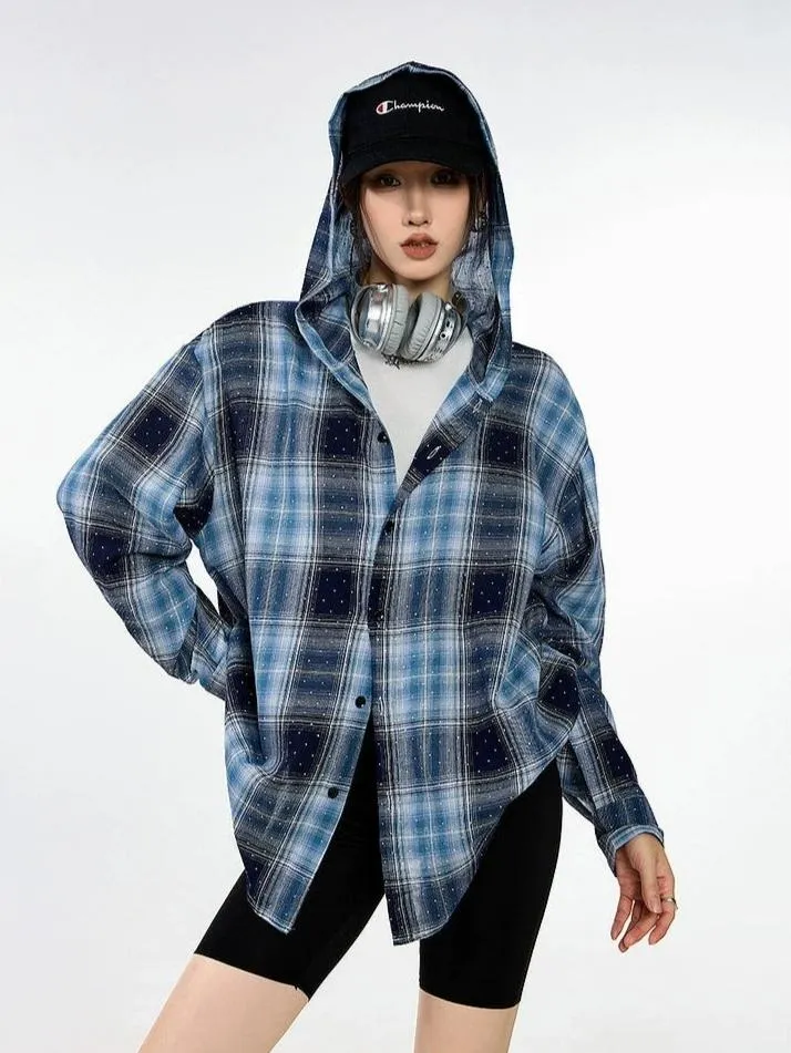 Plaid Hooded Button-Up Lightweight Shacket