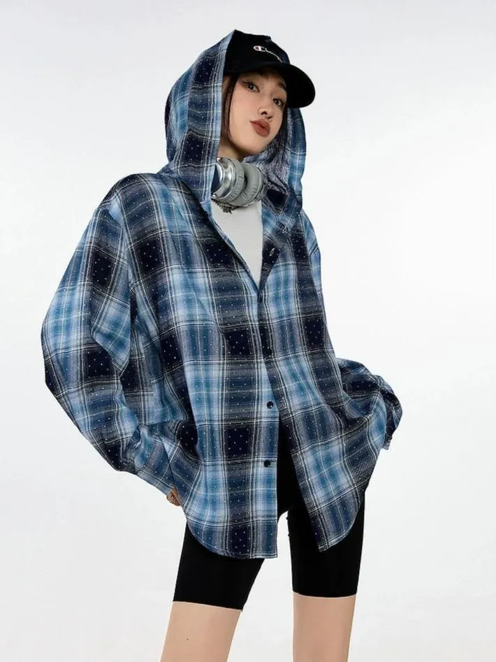 Plaid Hooded Button-Up Lightweight Shacket