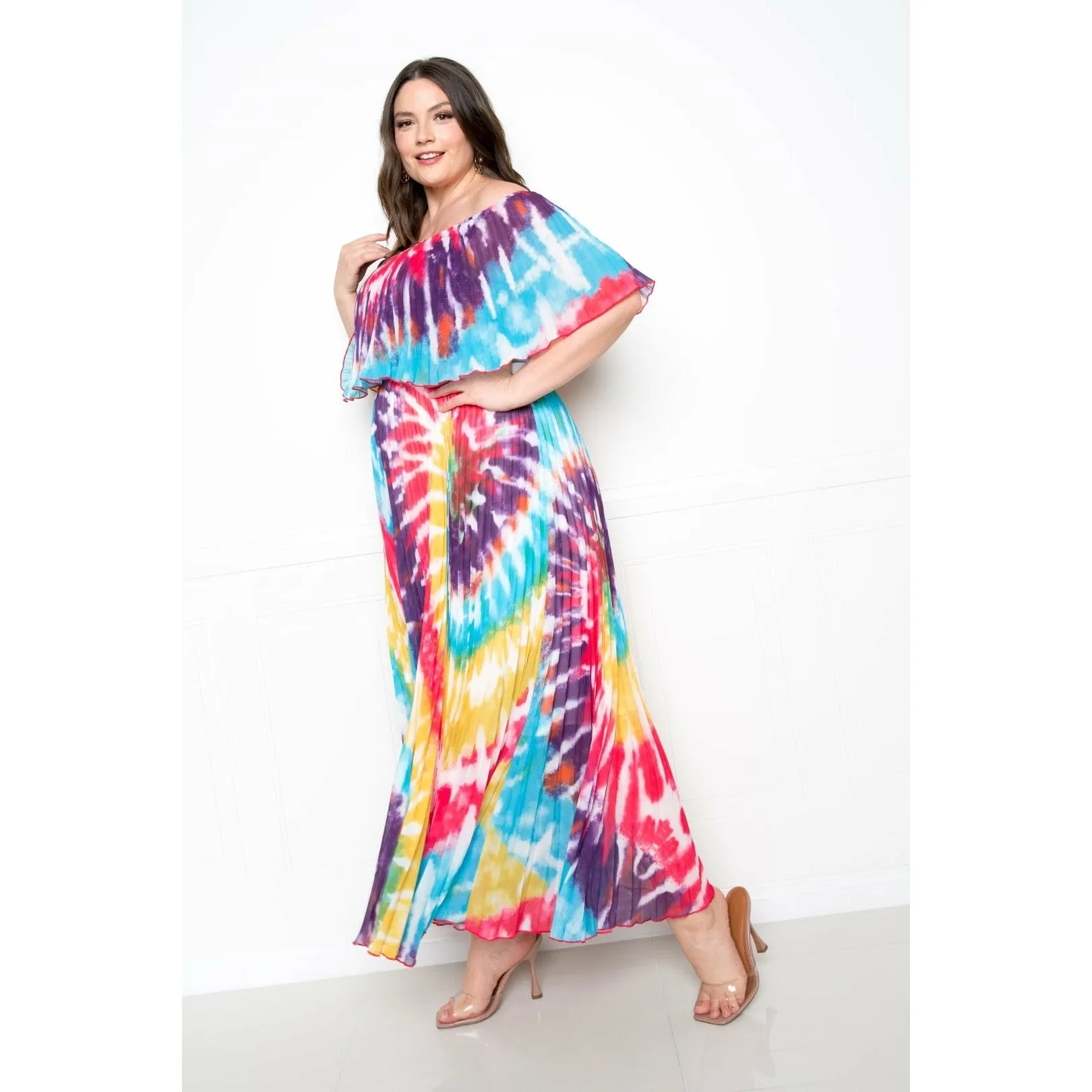 Plus Tie Dye Off Shoulder Pleated Maxi Dress (Sale)