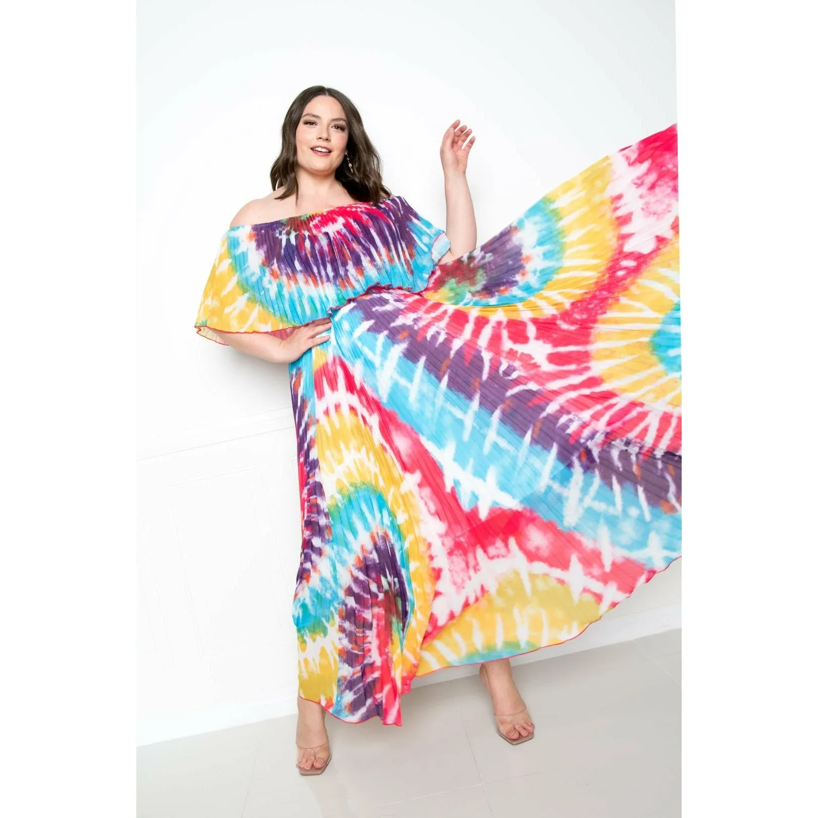 Plus Tie Dye Off Shoulder Pleated Maxi Dress (Sale)