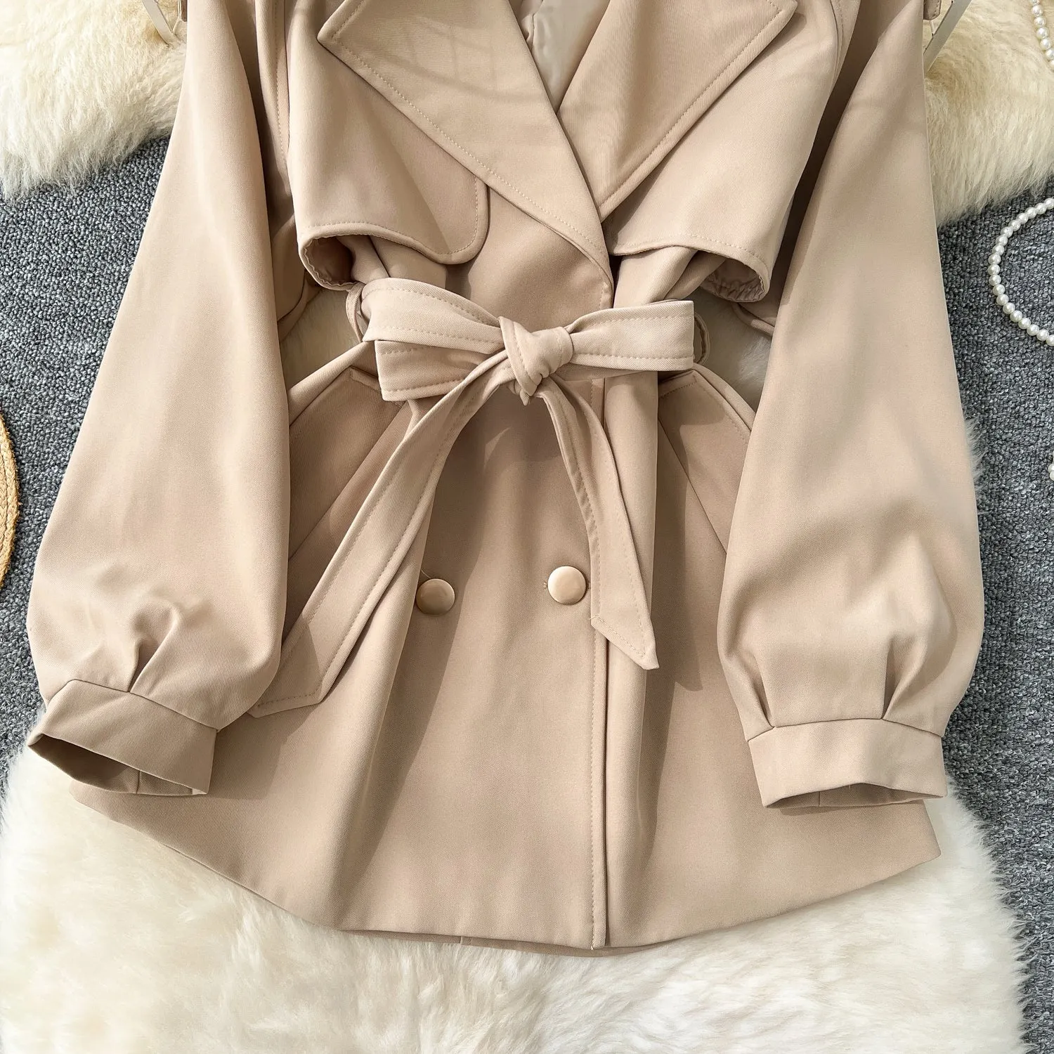 Premium Lapeled Lace-up Trench Coat