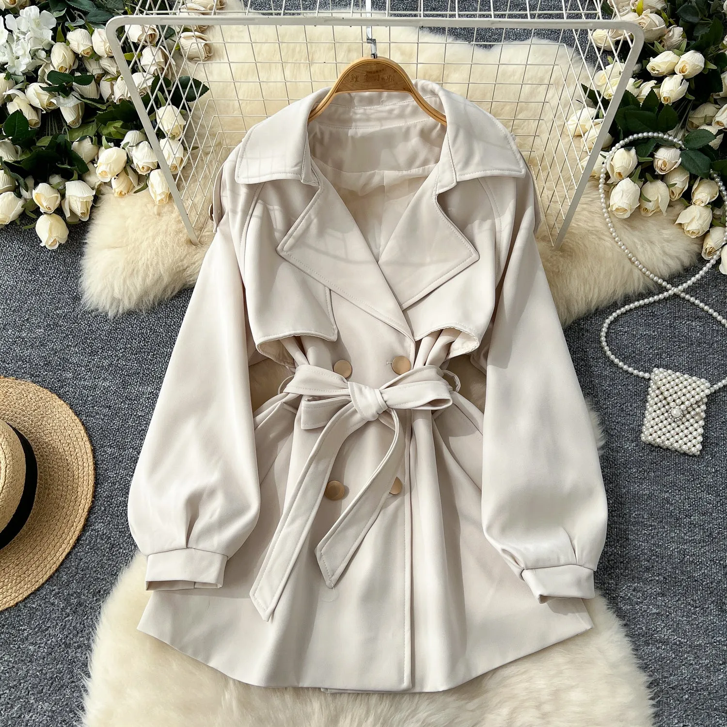 Premium Lapeled Lace-up Trench Coat