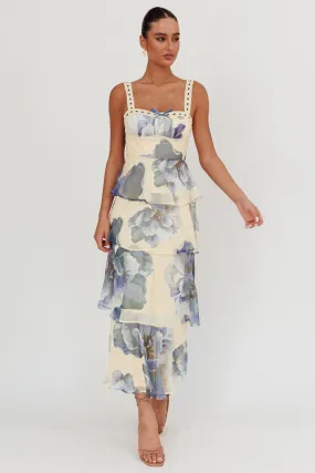 Provence Bloom Tiered Ruffle Maxi Dress Beige/Blue