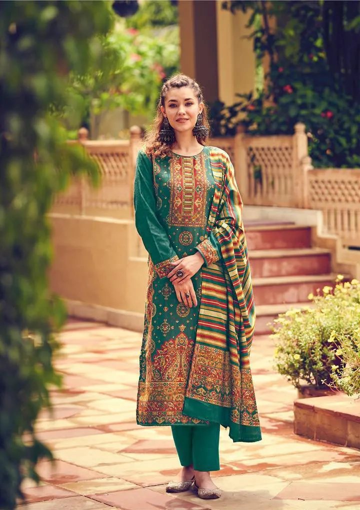 Pure Handloom Pashmina Green Ladies Winter Salwar Suit