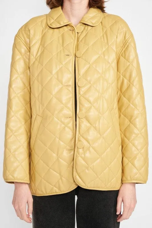 Quilted PU Leather Button Down Jacket