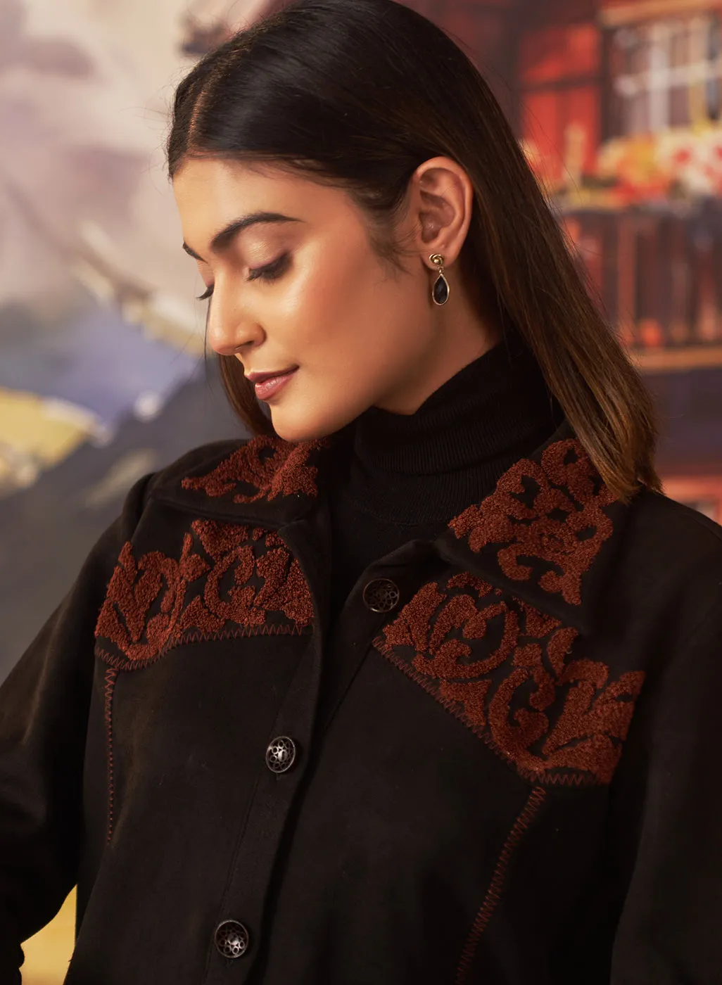 Raya Brown Embroidered Suede Shacket for Women