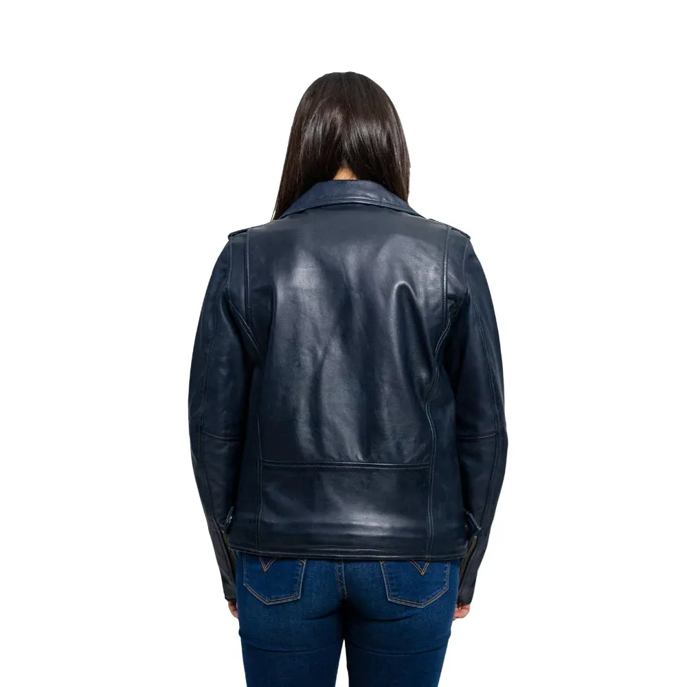 Rebel Womens Fashion Leather Jacket Navy Blue