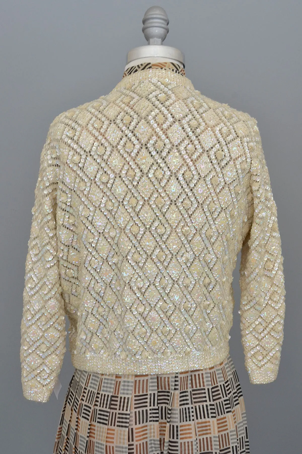 Retro 1950s Cream Geometric Knit Wool Sparkly Sequin Sweater