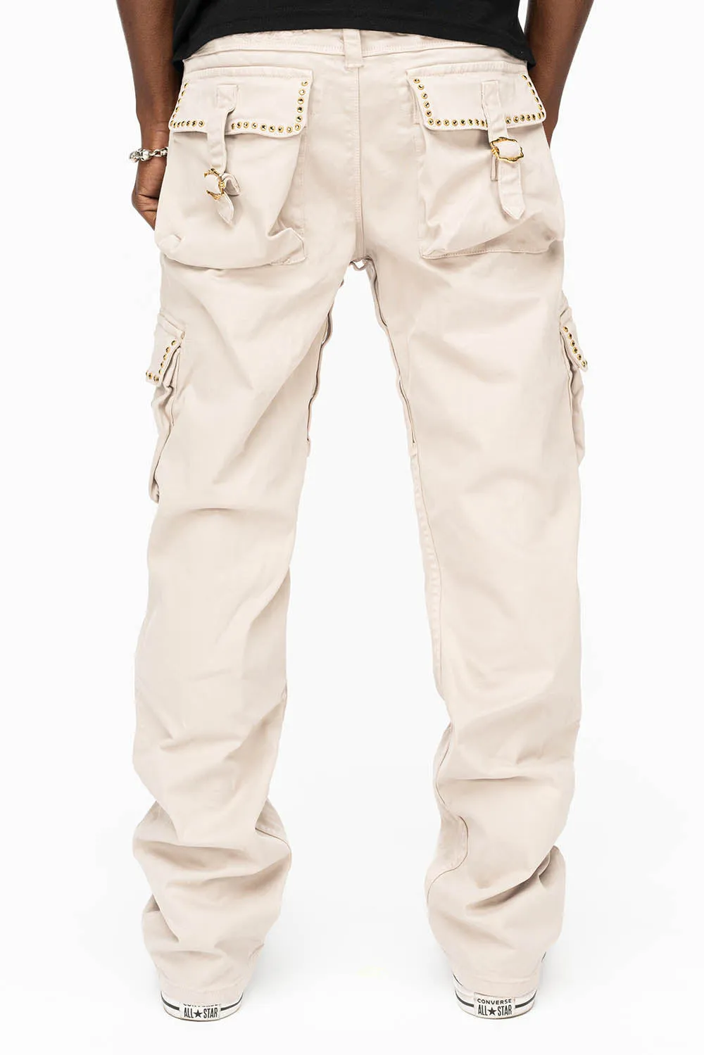 ROBINS NEW MILITARY STYLE CARGO PANTS IN STONE COLOR WASH WITH  BLACK DIAMOND CRYSTALS