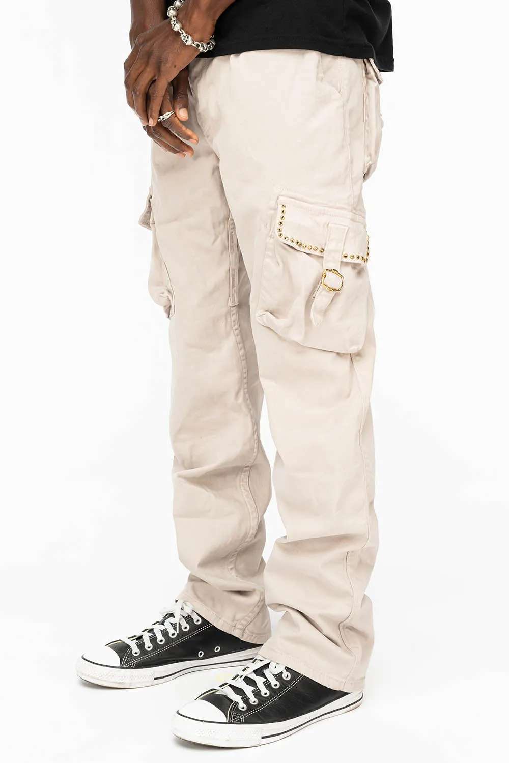 ROBINS NEW MILITARY STYLE CARGO PANTS IN STONE COLOR WASH WITH  BLACK DIAMOND CRYSTALS