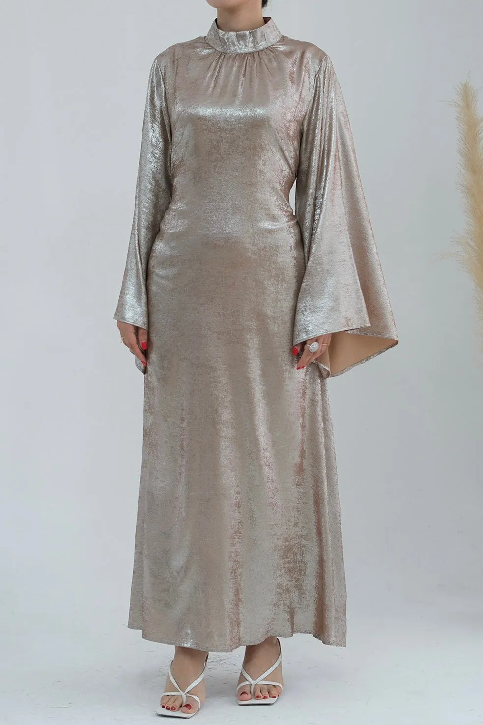 Rola Shiny High Collar Maxi Dress Abaya 777-Khaki