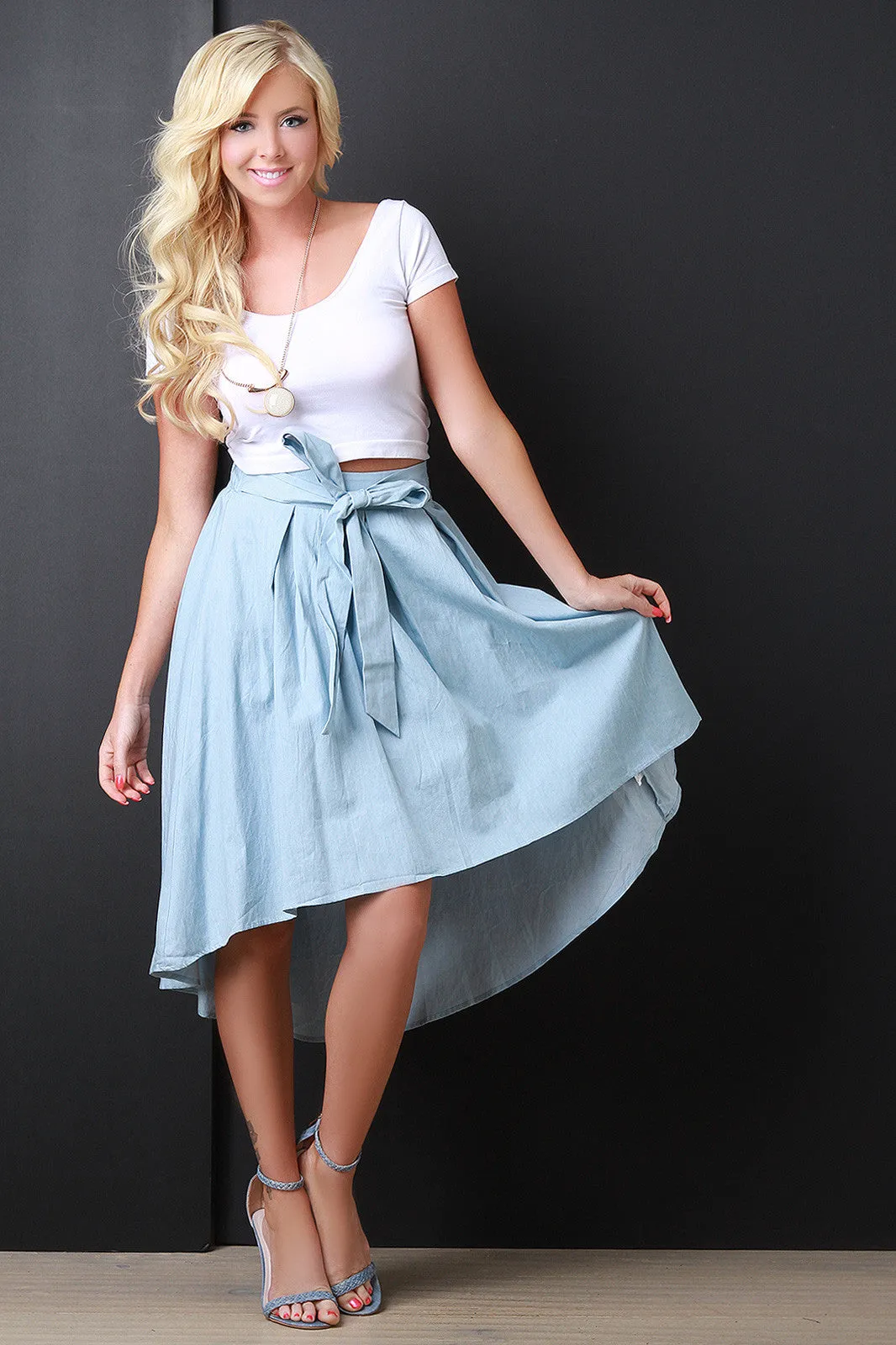 Self Tie Chambray High Low Hem Circle Skirt