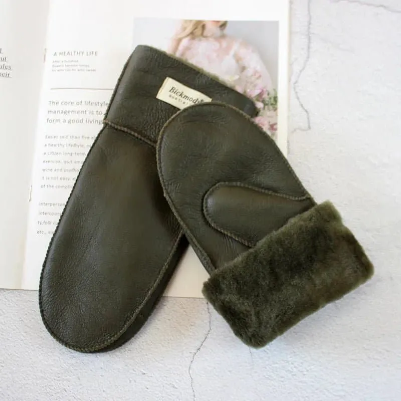 Sheepskin Leather Wool Mittens with Genuine Leather and Sheepskin Fur