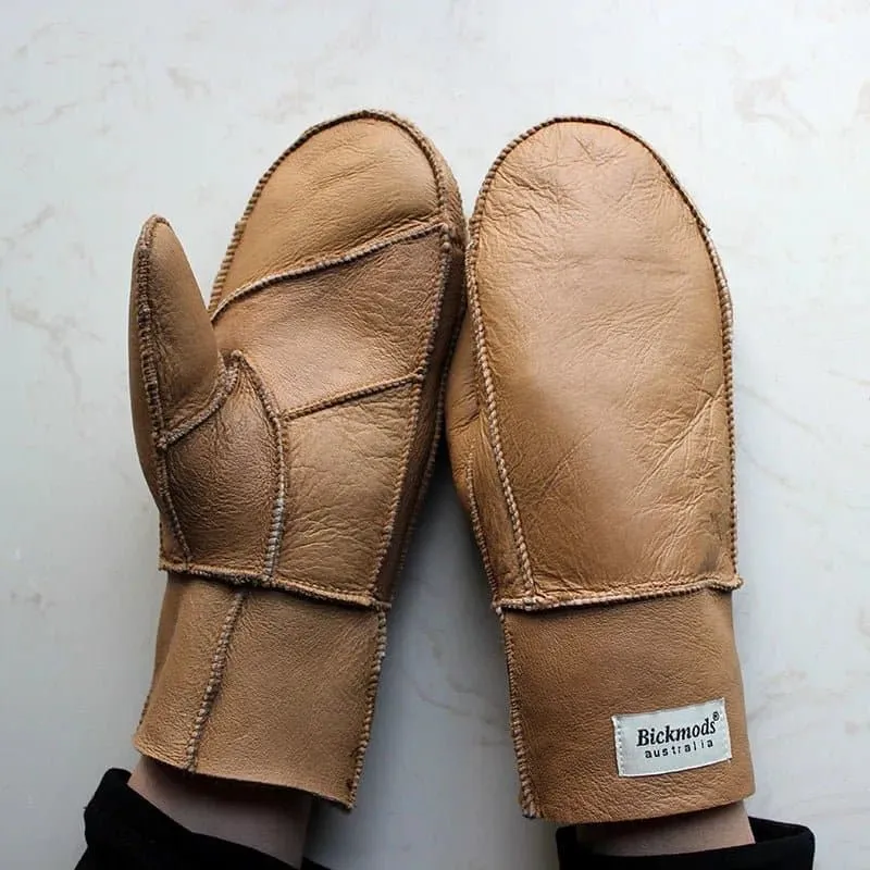 Sheepskin Leather Wool Mittens with Genuine Leather and Sheepskin Fur