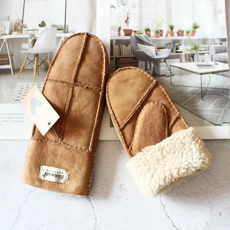 Sheepskin Leather Wool Mittens with Genuine Leather and Sheepskin Fur