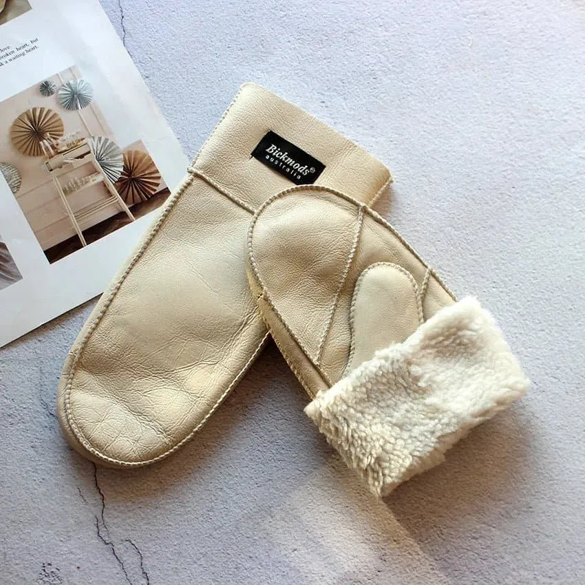 Sheepskin Leather Wool Mittens with Genuine Leather and Sheepskin Fur