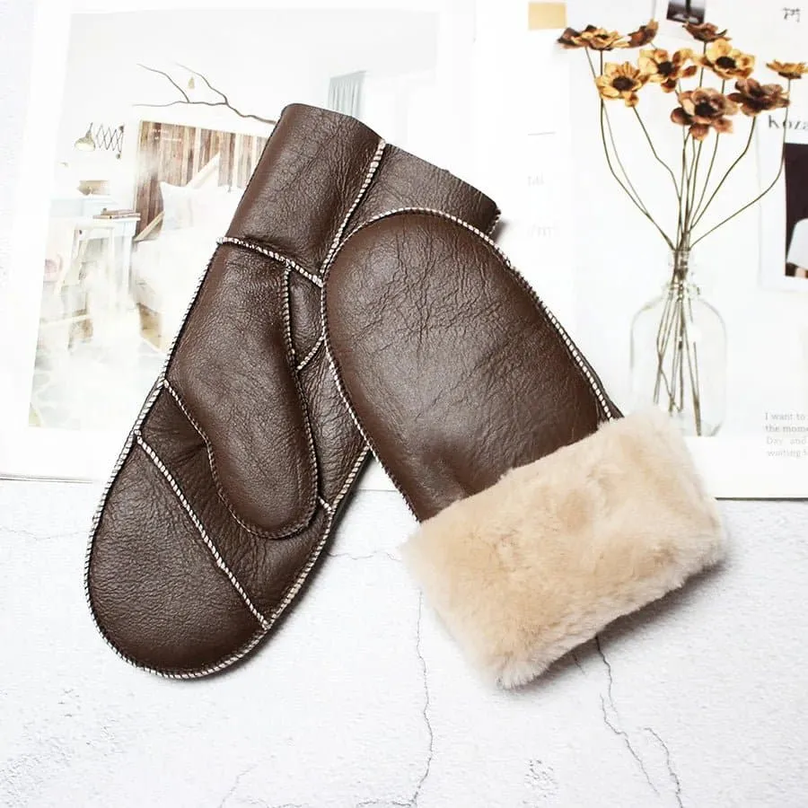 Sheepskin Leather Wool Mittens with Genuine Leather and Sheepskin Fur